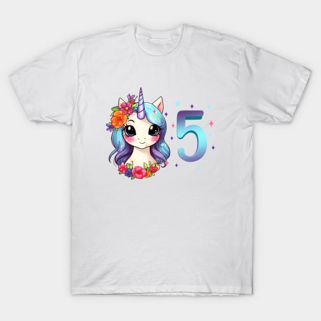 I am 5 with unicorn - girl birthday 5 years old T-Shirt by Modern Medieval Design